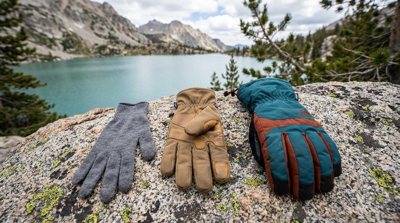 Three gloves laid flat on a granite boulder showing liner, softshell, and waterproof insulated in a layering progression