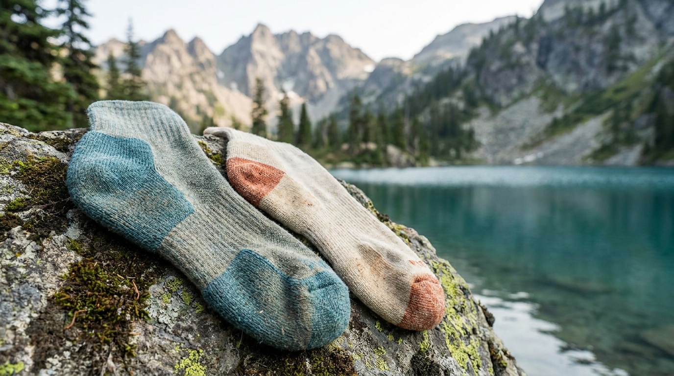 Two hiking socks side by side showing different cushion thickness at the heel and ball of foot