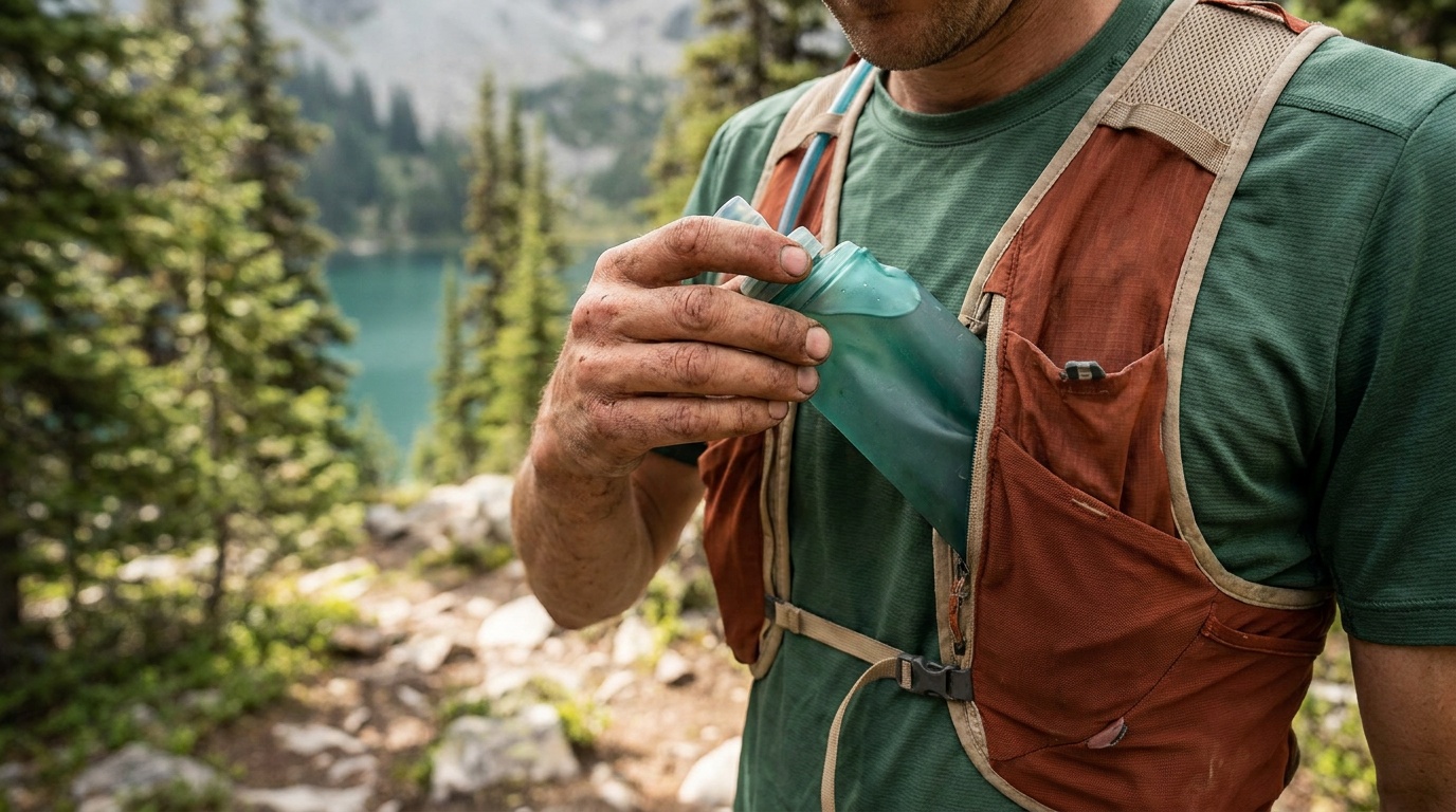 Close-up of a trail runner pulling a soft flask from a chest pocket on a hydration vest mid-run on a forest trail