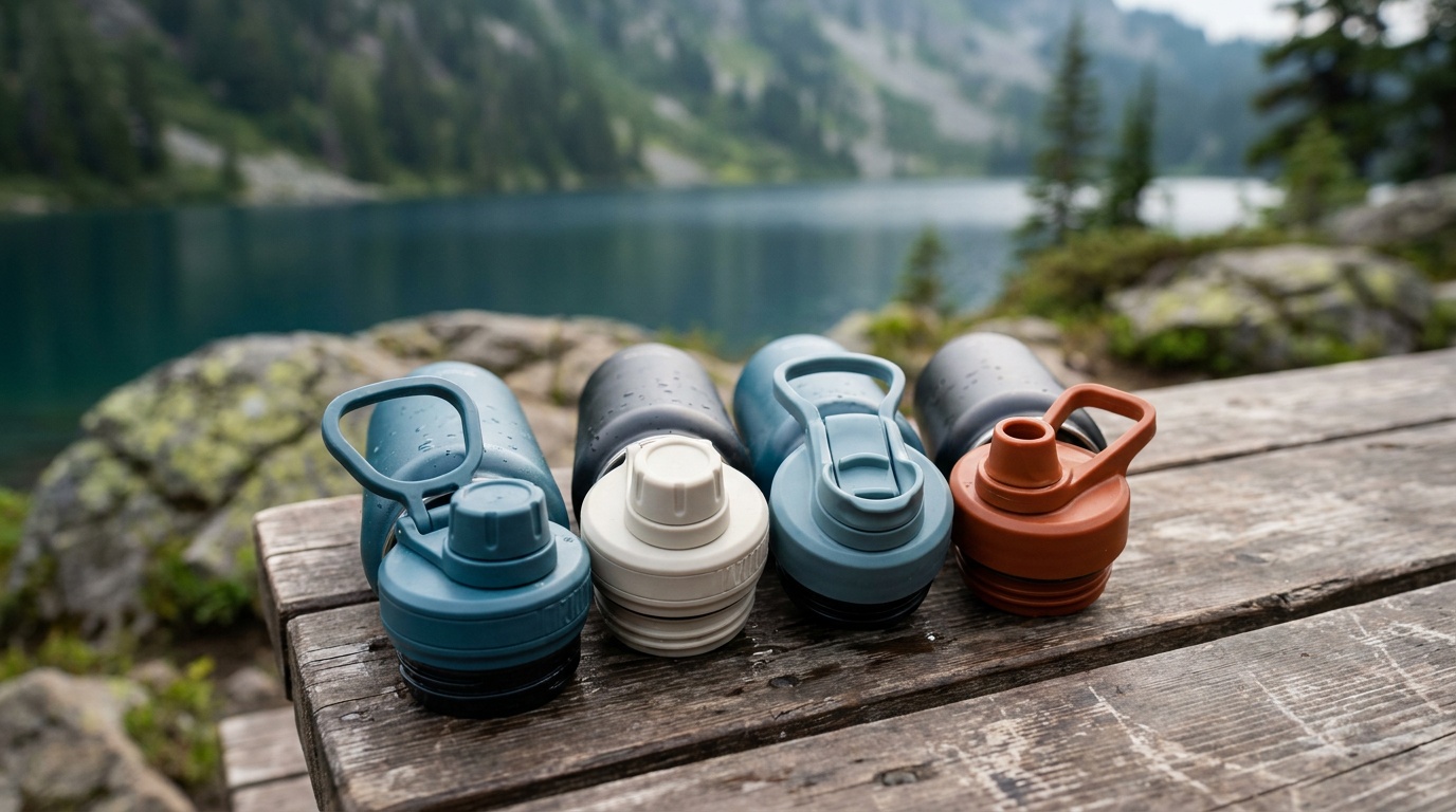 Four insulated water bottle lids laid out on a wooden surface showing flex cap, chug cap, freesip lid, and spout lid designs side by side