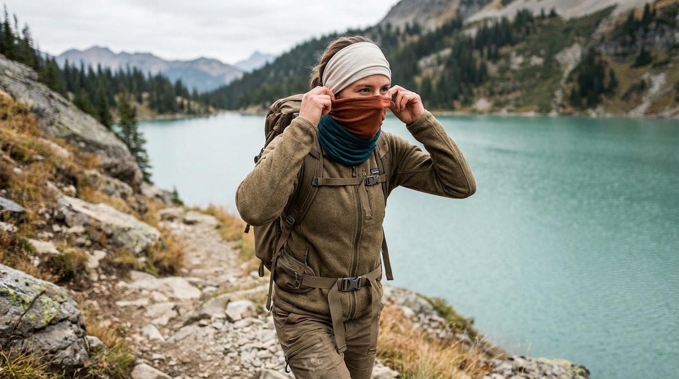 Buff Original EcoStretch worn in three configurations: neck gaiter, face mask with nose coverage, and headband, all shown on the same hiker on a rocky trail