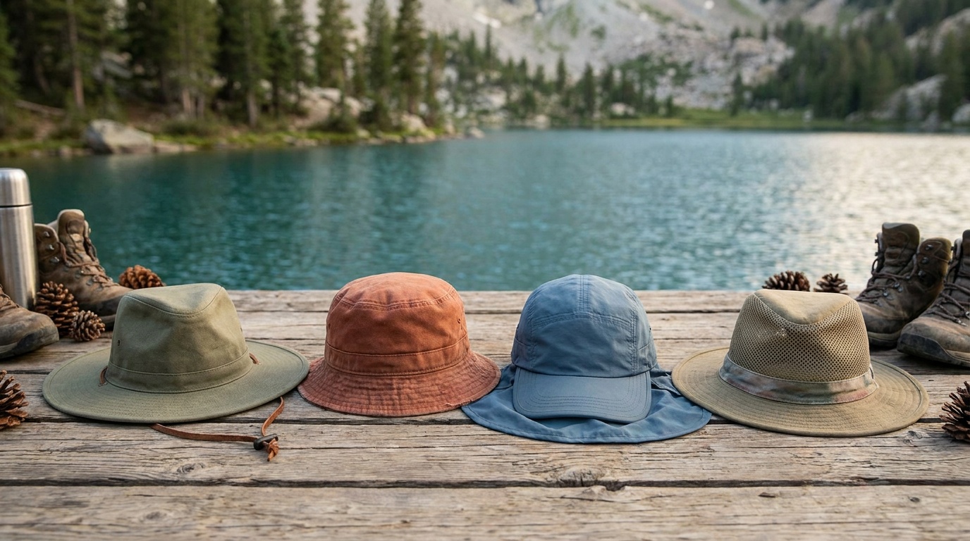Four hiking sun hats laid flat on a wooden surface showing wide-brim, bucket, cap-with-cape, and mesh-crown styles side by side