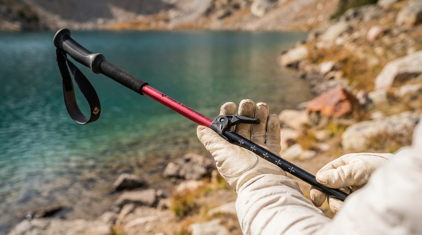Close-up of a flick-lock lever clamp on an aluminum trekking pole shaft beside a twist-lock collar, showing both mechanisms