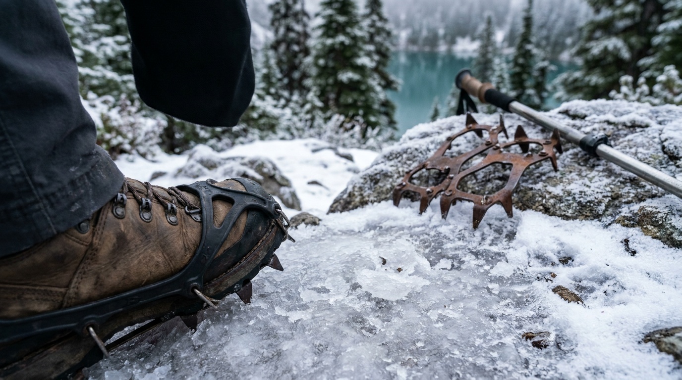 A hiking boot wearing stretch-on traction spikes on an icy trail, with a steel crampon resting on a snowy rock