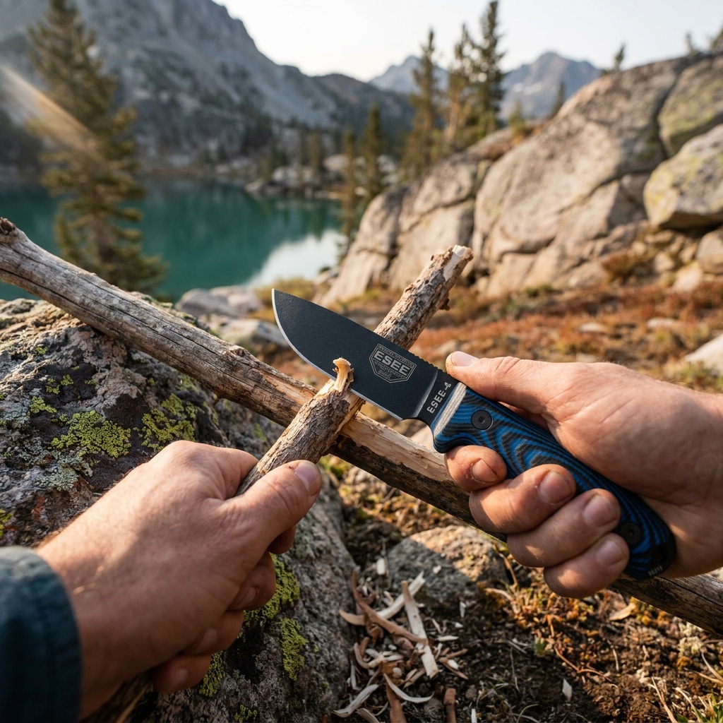ESEE-4 Fixed Blade Knife with Sheath, 1095 Carbon Steel, Outdoor Knife with 3D Contoured Handle, Made in USA