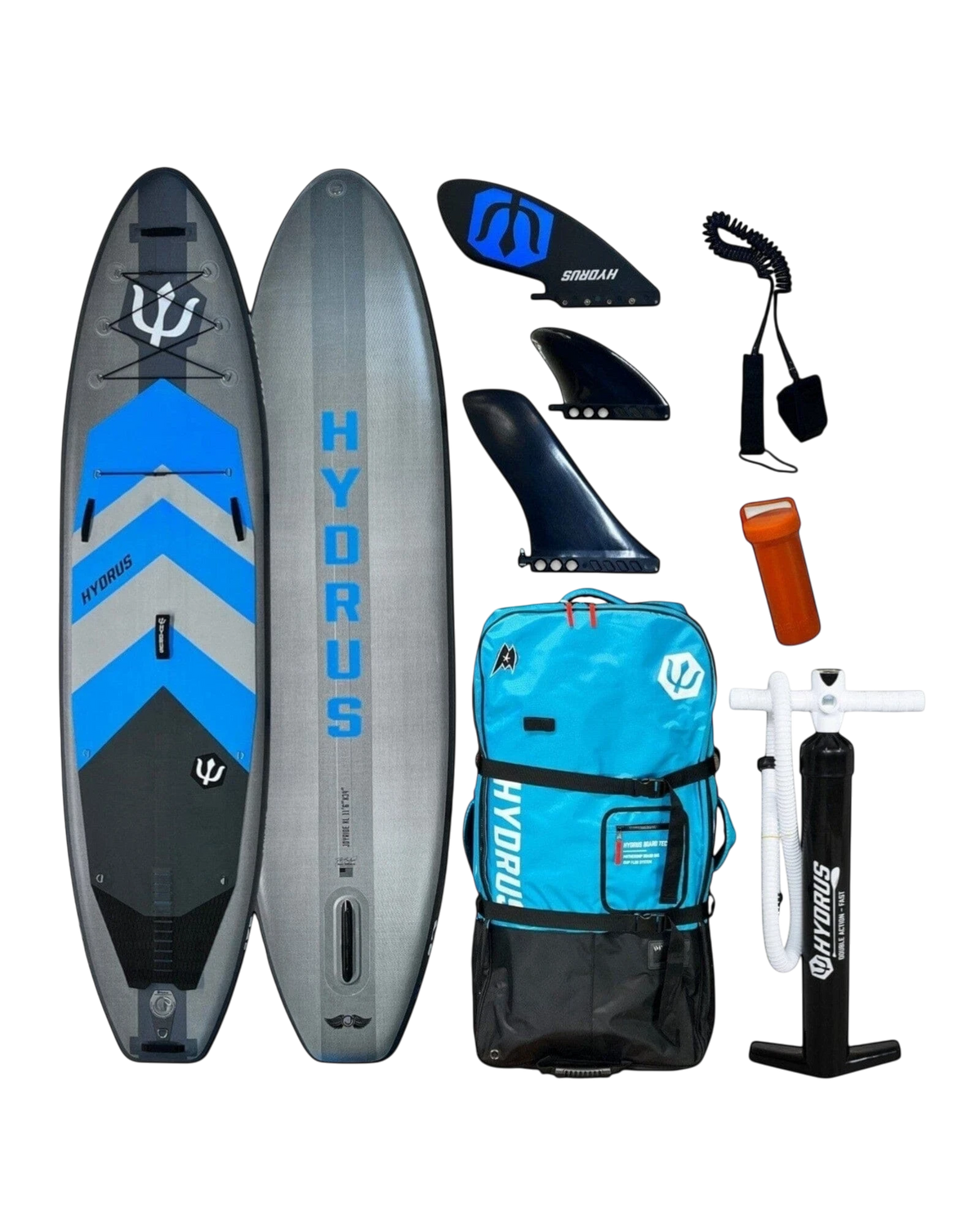 Hydrus JoyRide XL manufacturer image showing the board, backpack, hand pump, three fin options, coiled leash, and repair kit