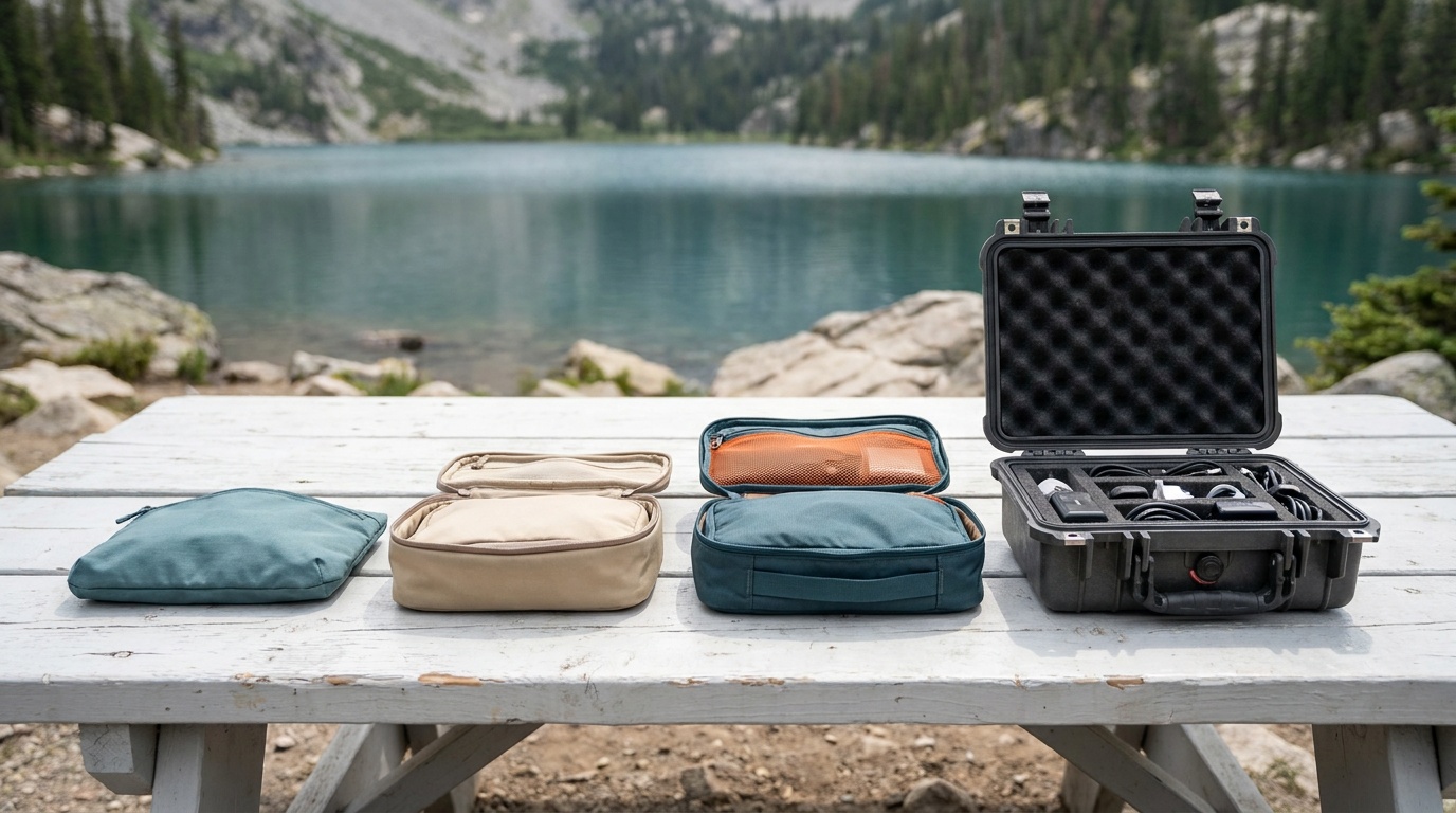 Four electronics travel organizers laid open side by side on a white surface, showing their interior layouts from budget pouch to hard Pelican case