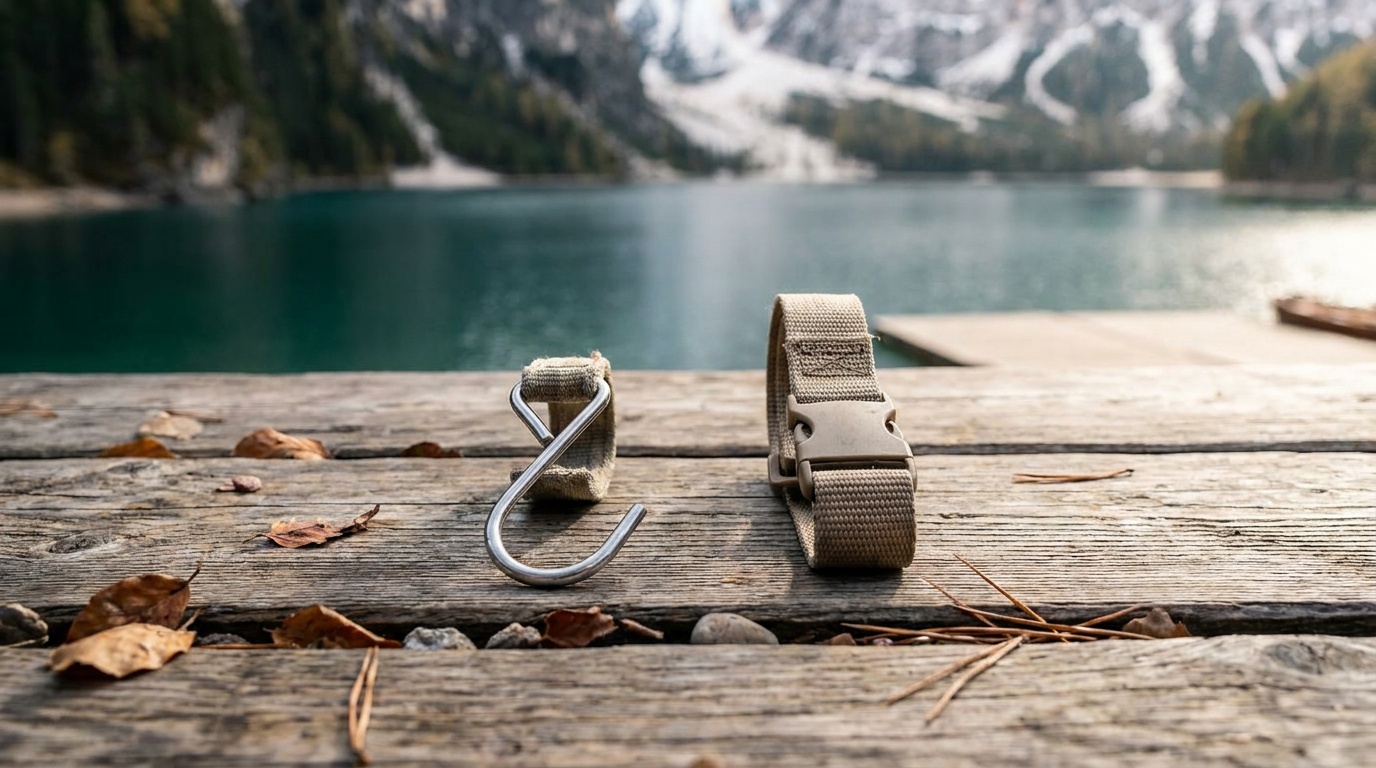 Side-by-side of a hook-style luggage scale and a strap-style luggage scale laid flat on a wooden surface