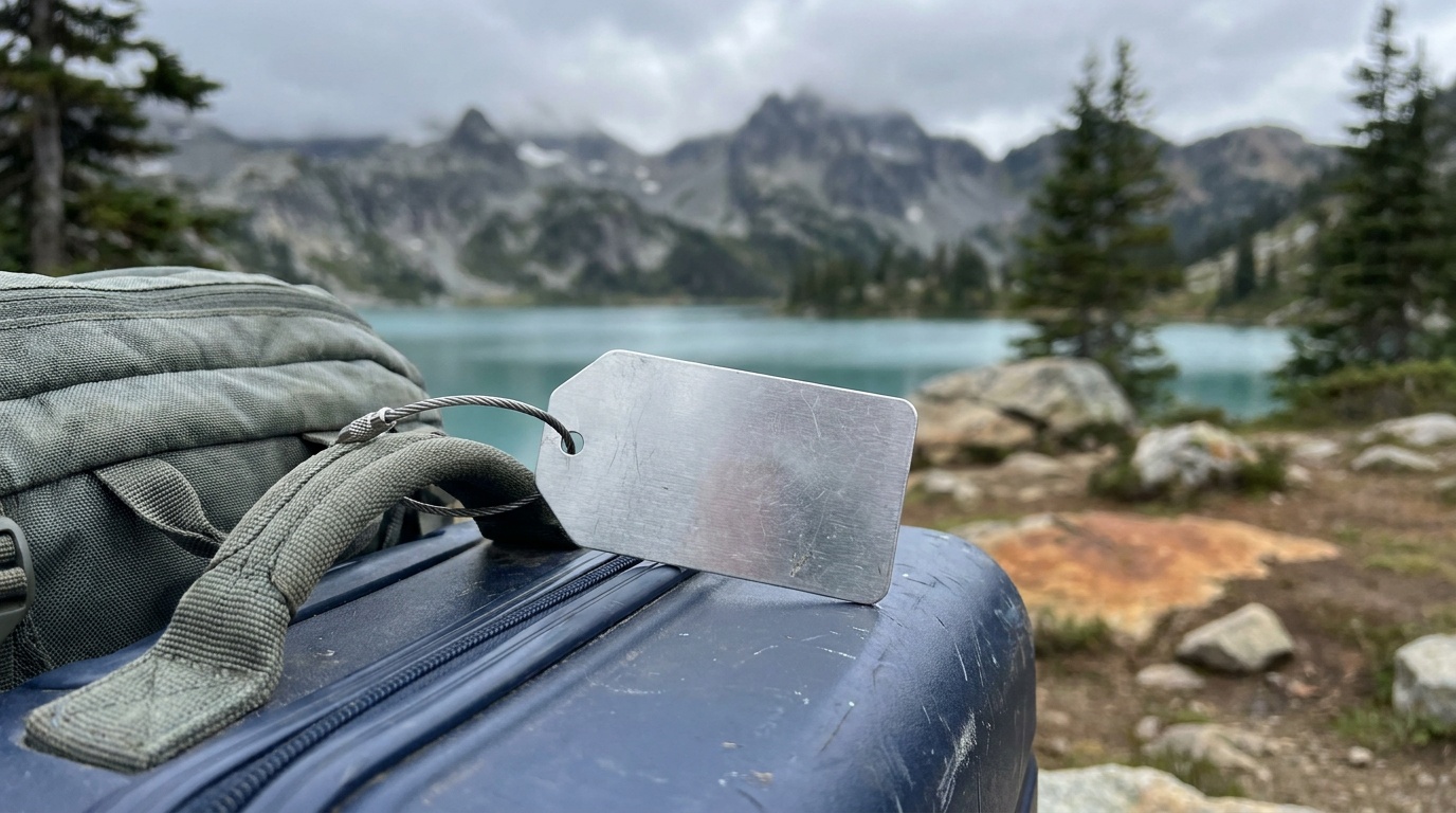 A brushed aluminum luggage tag attached to a suitcase handle via a steel loop, tag lying flat against the handle spine with no visible wear on the shell