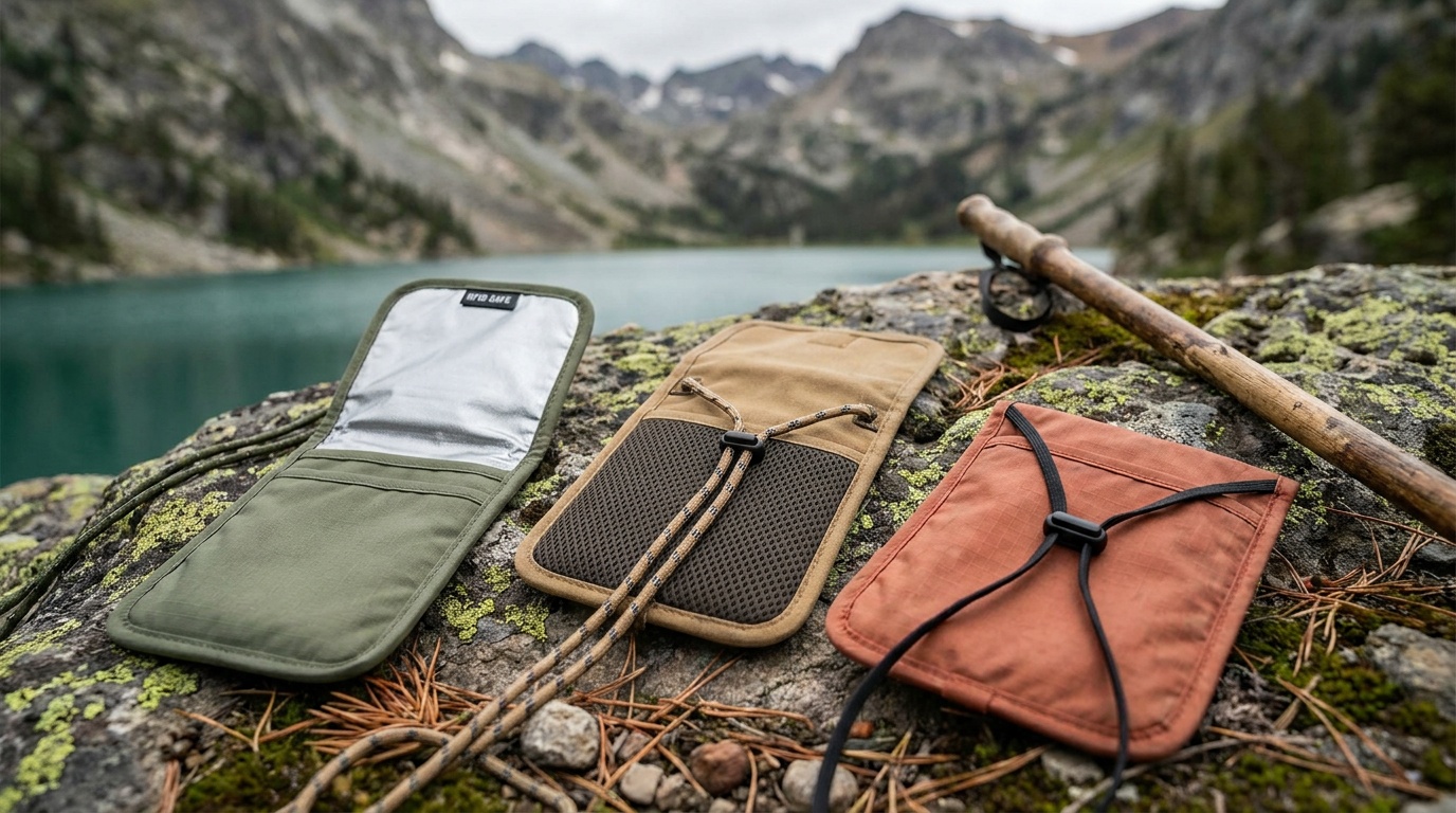 Three neck wallets laid flat showing RFID lining, mesh backing, and lanyard routing detail