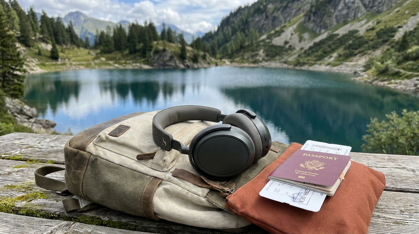 Sennheiser Momentum 4 Wireless headphones laid flat on a travel bag next to a passport and boarding pass