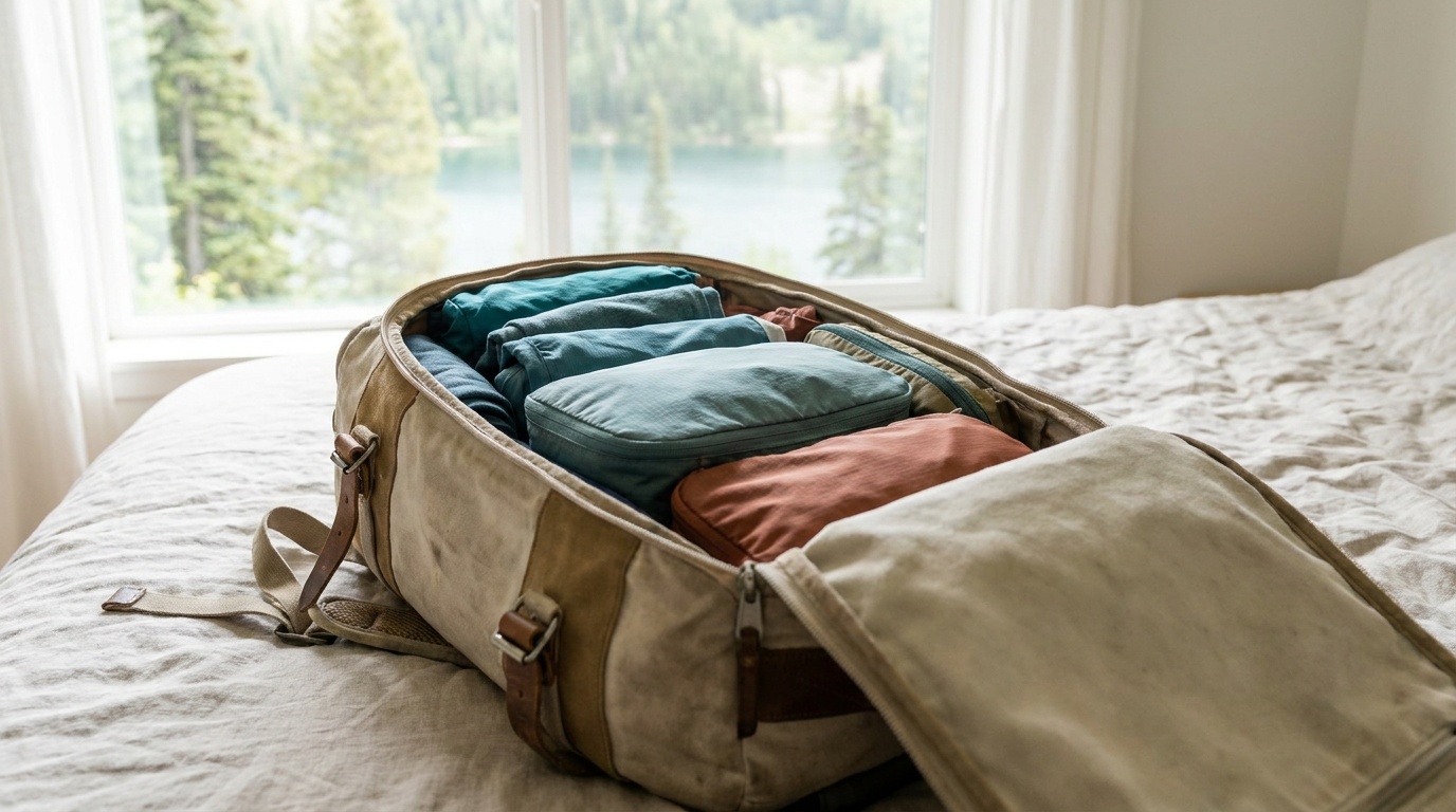 An Osprey 40L backpack open on a wooden floor, three ultralight packing cubes visible inside showing clothes organized by category
