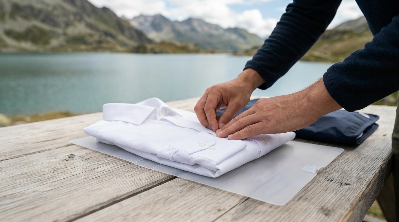 A white dress shirt being folded around a flat plastic folding board, sleeves tucked in symmetrically, on a light wooden surface before being placed into a navy packing folder