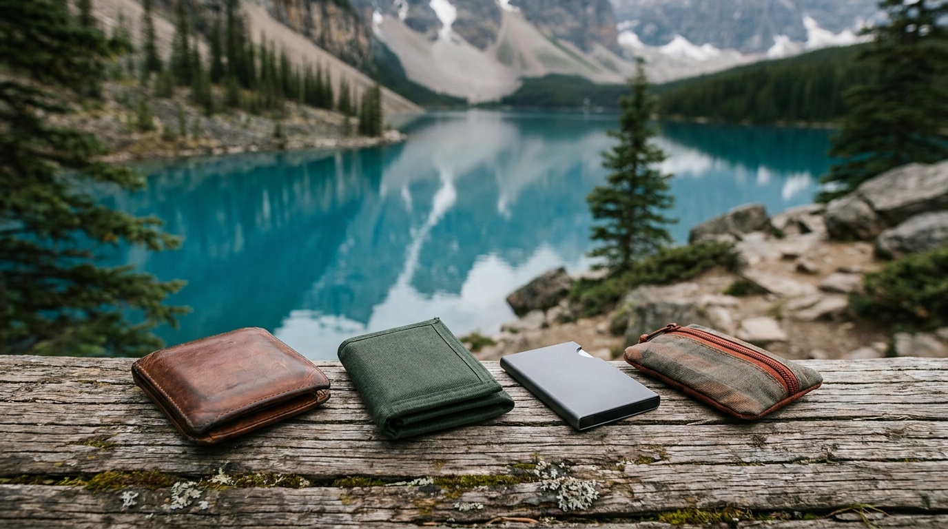 The four RFID-blocking wallet picks laid out on a wooden surface showing their relative thickness and form factors.