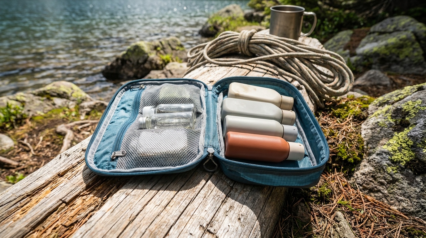 Osprey Ultralight Zip Organizer laid flat, open to reveal interior mesh pockets and compression zippers, next to a row of travel-size bottles