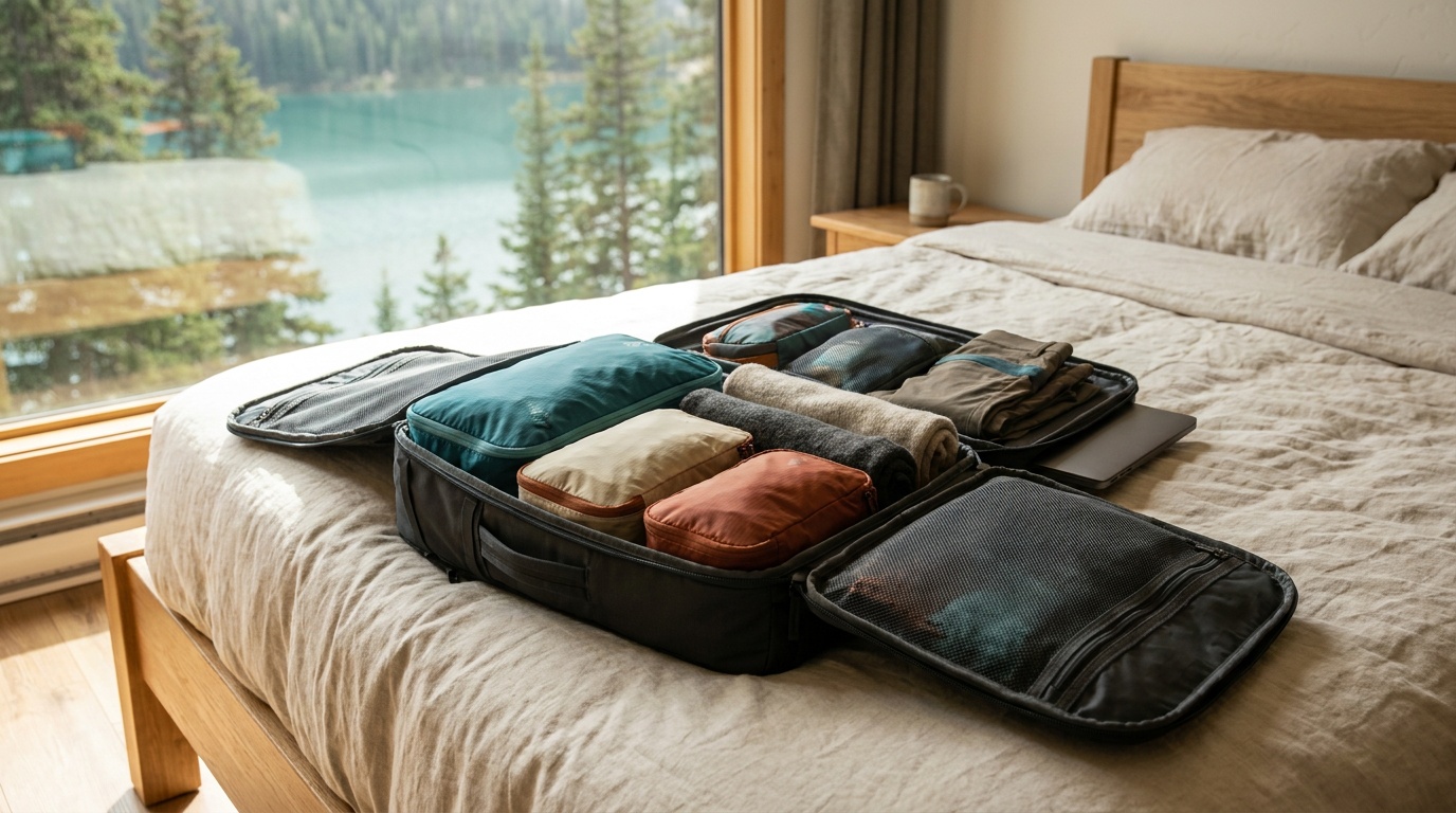 A clamshell travel backpack open flat on an airport bench, showing organized packing cubes and a laptop sleeve