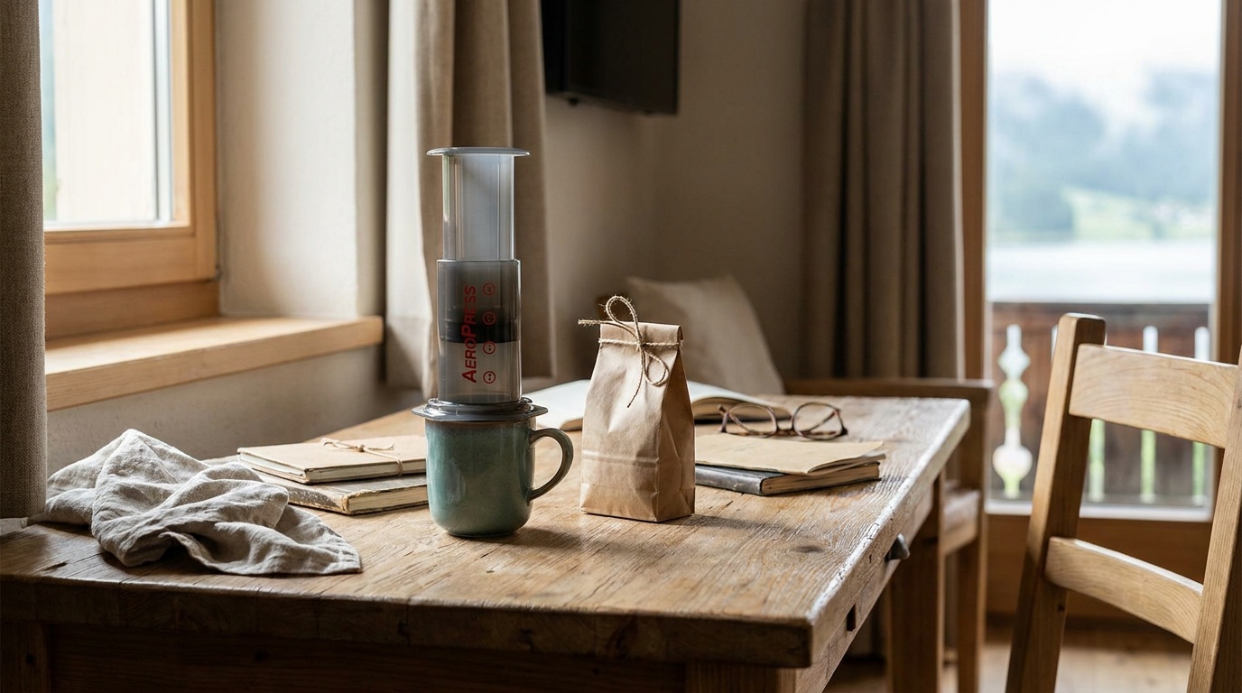 AeroPress Go brewing kit assembled on a hotel room desk, mug below the chamber, a small bag of ground coffee beside it