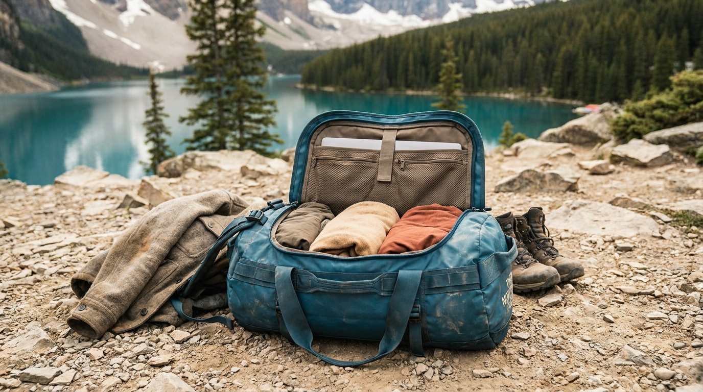 North Face Base Camp Voyager 42L open flat showing interior laptop sleeve and mesh organization pockets