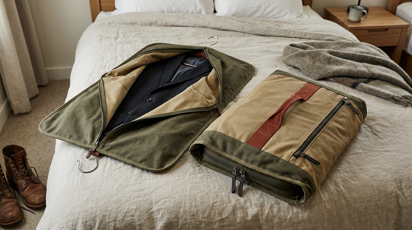 Two garment bags laid flat on a hotel bed side by side: a trifold open to show a two-suit layout with hanger hook visible, and a convertible bag shown in duffel configuration with zipper handles out