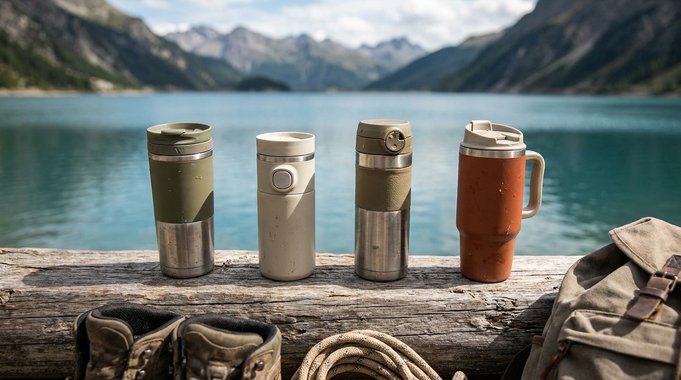 Four travel mugs arranged on a wood surface showing different lid mechanisms: twist-lock, AUTOSEAL button, rotating Stronghold, and handled flip-lock