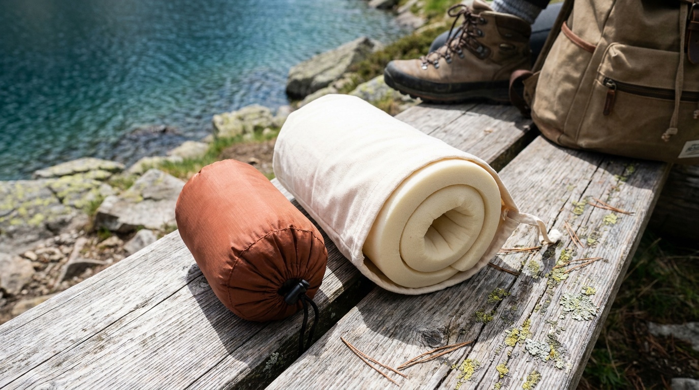 A memory foam travel pillow and an inflatable travel pillow side by side on a gray background, showing the size difference when packed