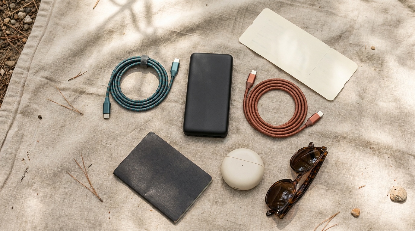 A travel tech kit laid out: power bank, coiled cables, passport, and earbuds