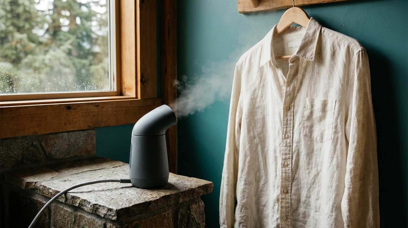 Compact travel steamer placed on a hotel bathroom counter next to a hanging dress shirt, steam nozzle pointed upward