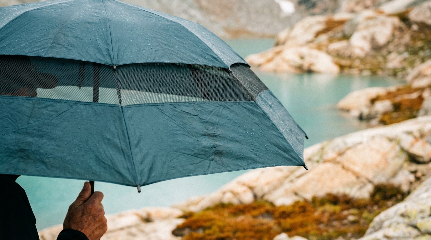 Close-up of a vented double-canopy travel umbrella showing the mesh vent between the inner and outer canopy layers