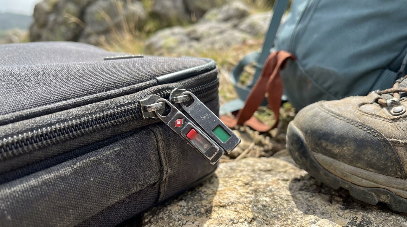 Close-up of a TSA lock indicator window showing red beside a green post-inspection window, on a gray suitcase zipper pull