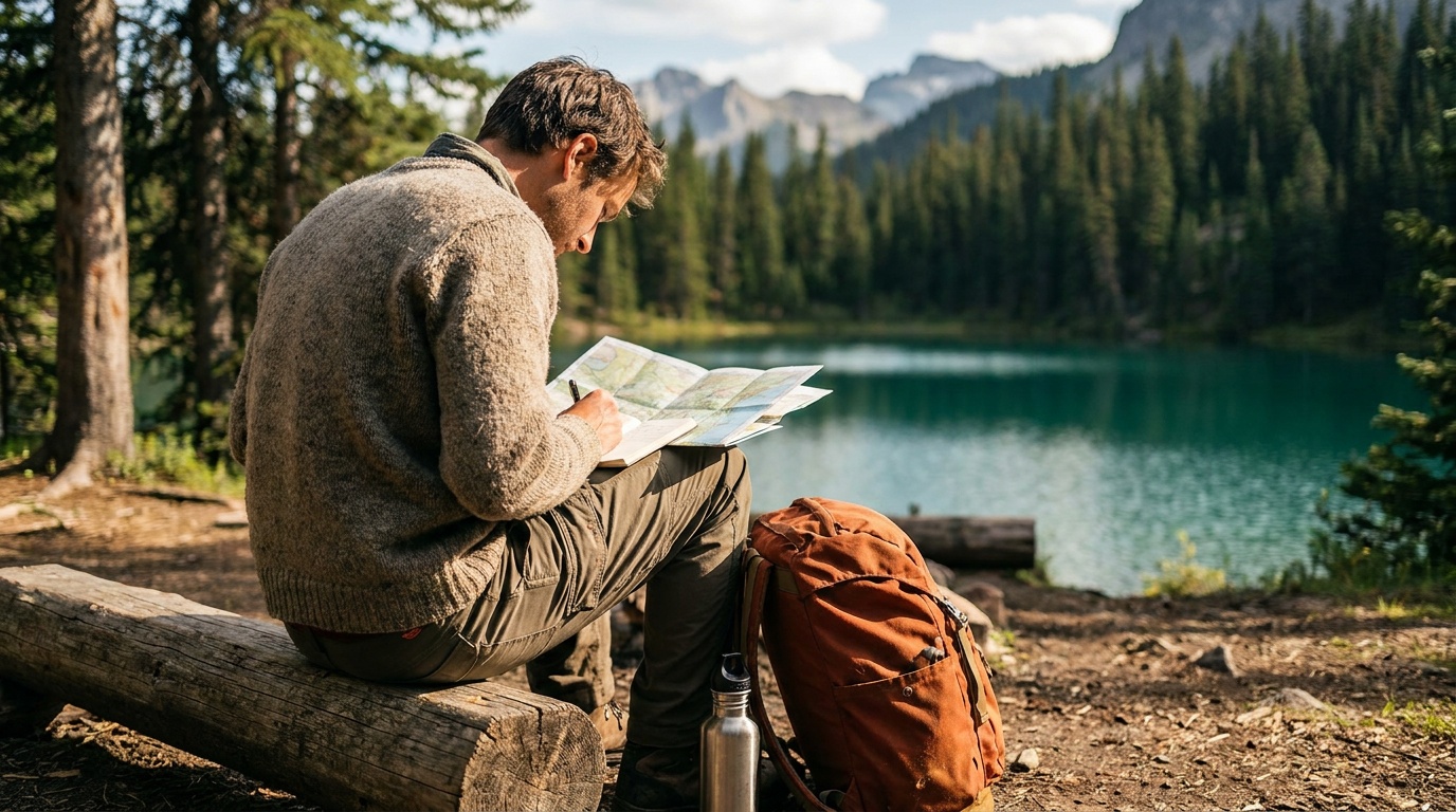 A person planning an outdoor trip with a map at a sunlit campsite