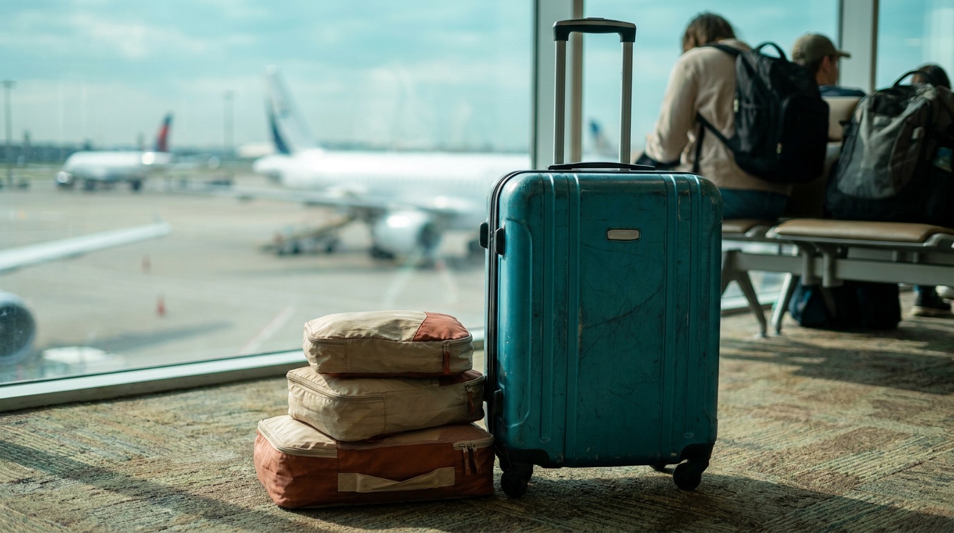 A carry-on roller bag and packing cubes by an airport gate window