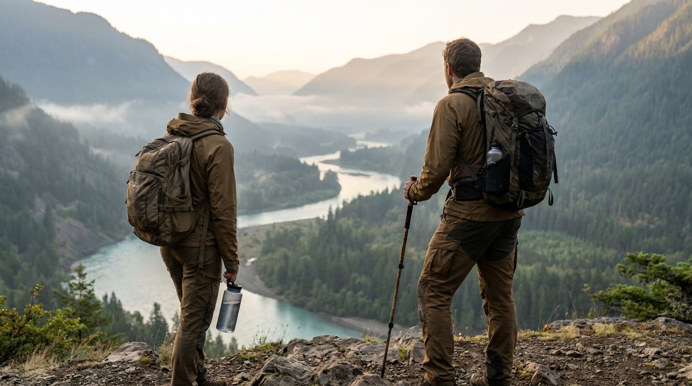 Two hikers overlooking a vast national-park river valley at sunrise