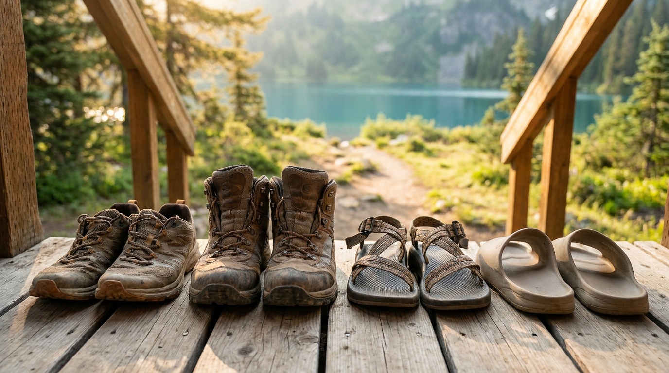 Trail runners, hiking boots, sandals, and camp shoes lined up on porch boards