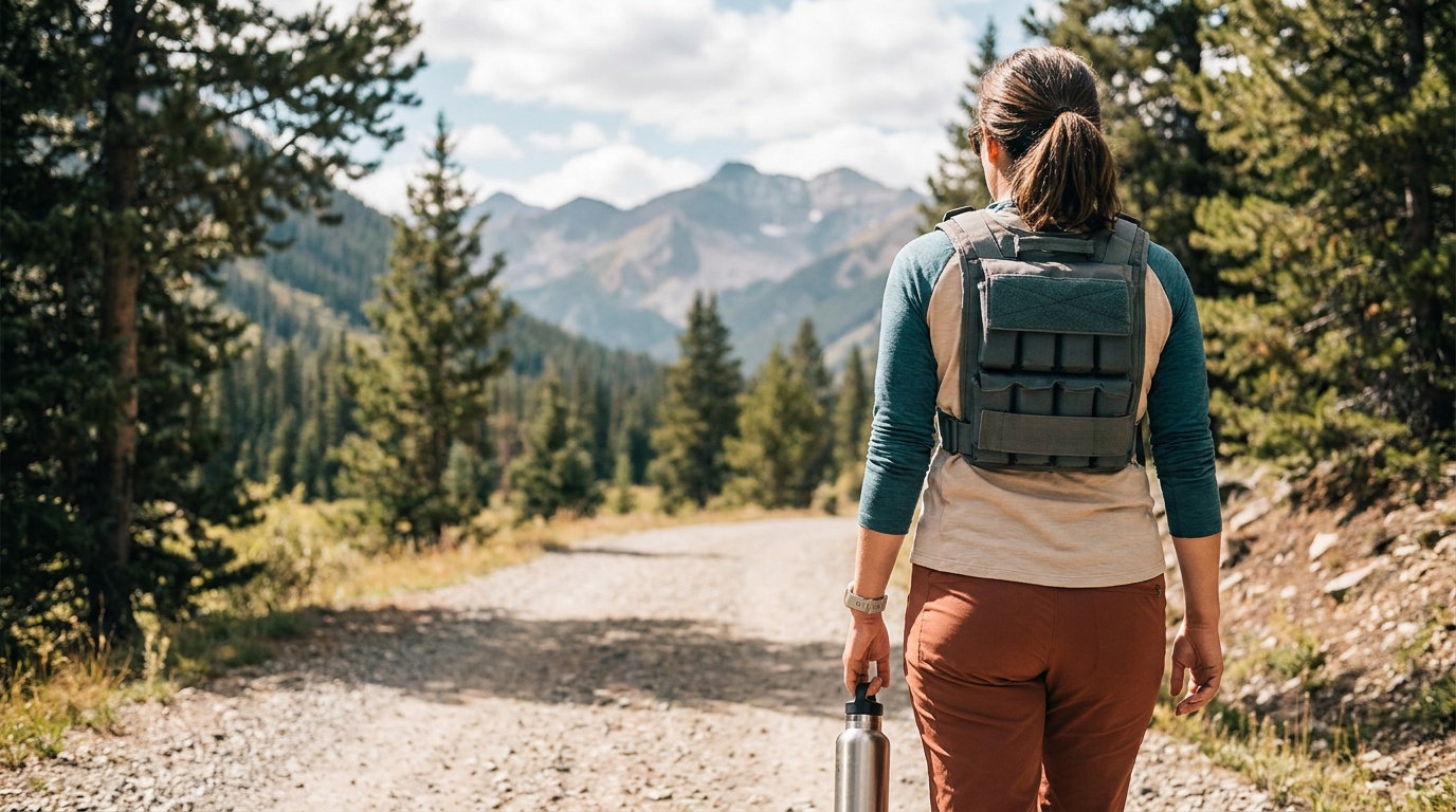 A walker climbing a gravel trail in a weighted vest with mountains beyond