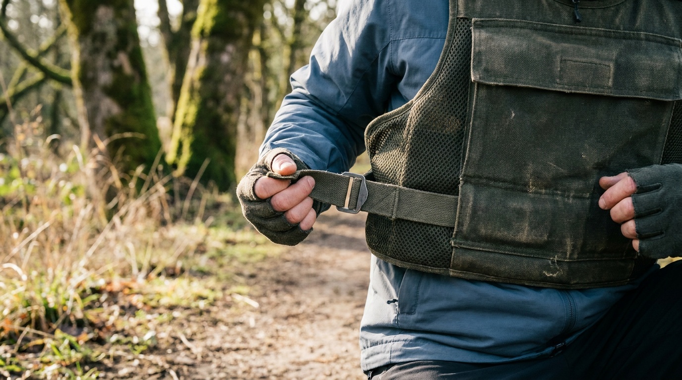 Hands tightening the side straps of a weighted vest before a walk
